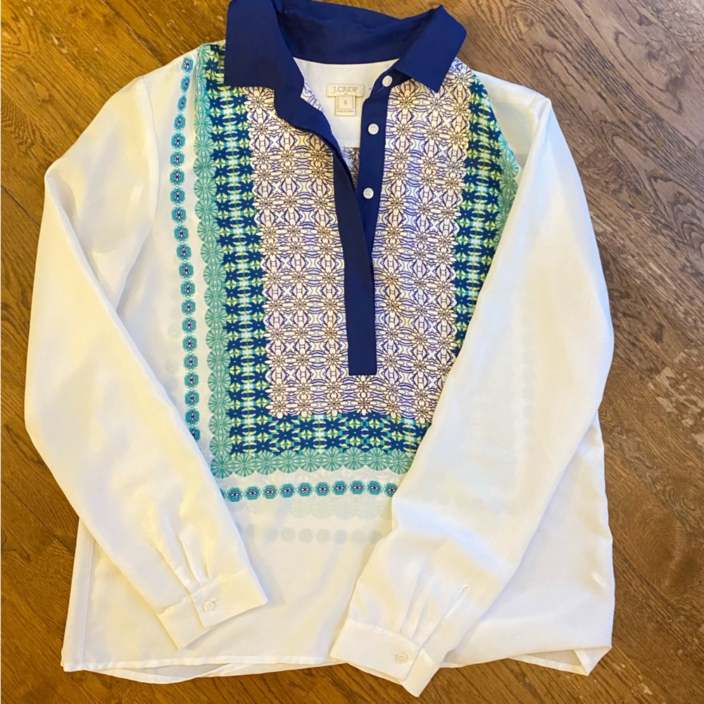 J. Crew White and Blue Blouse